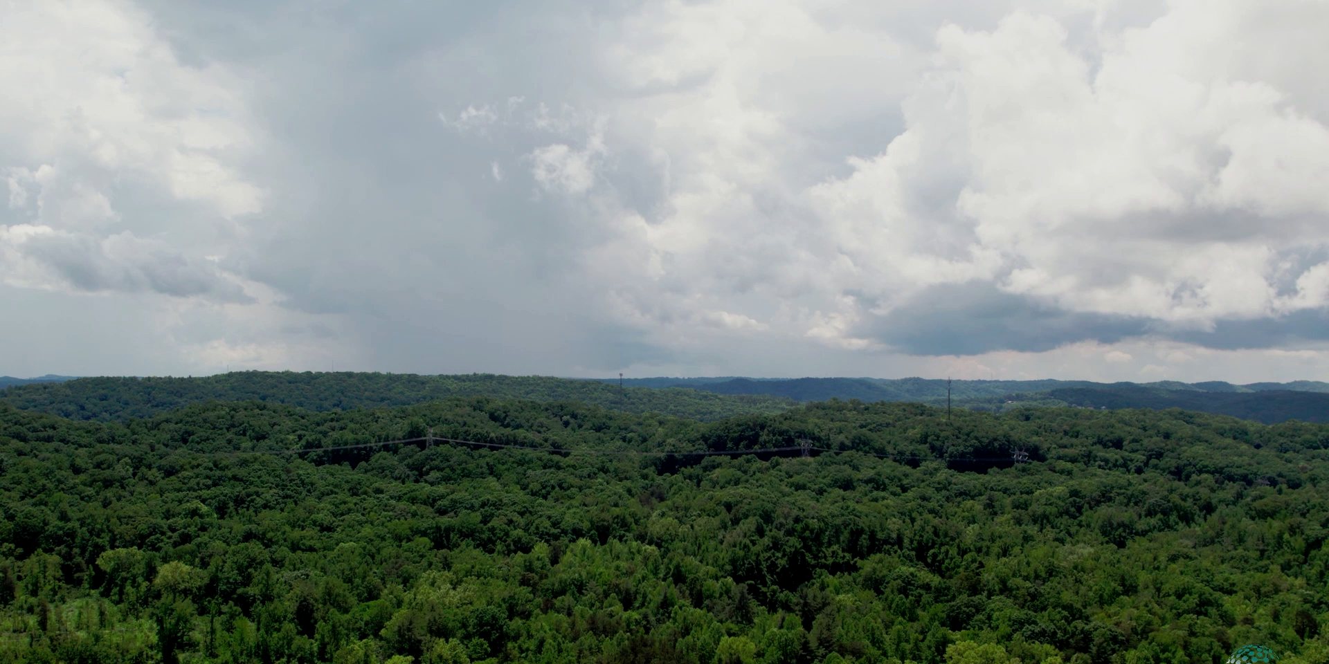 Aerial view of the forested hills of Oak Ridge, Tennessee
